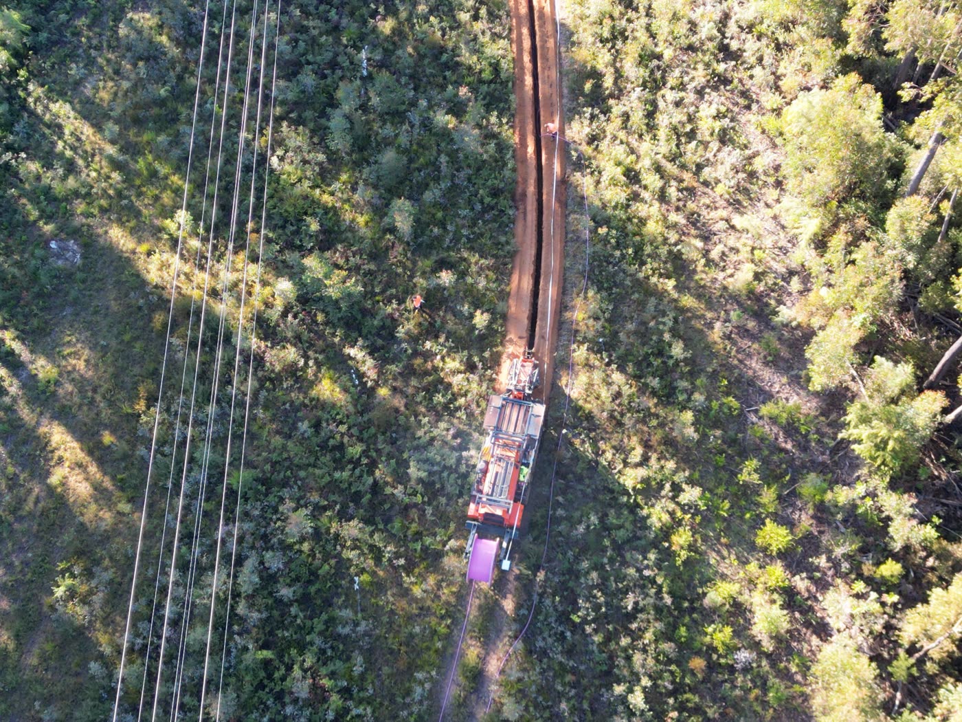 Aerial view of a completed CFH Civils trench alignment through bush country