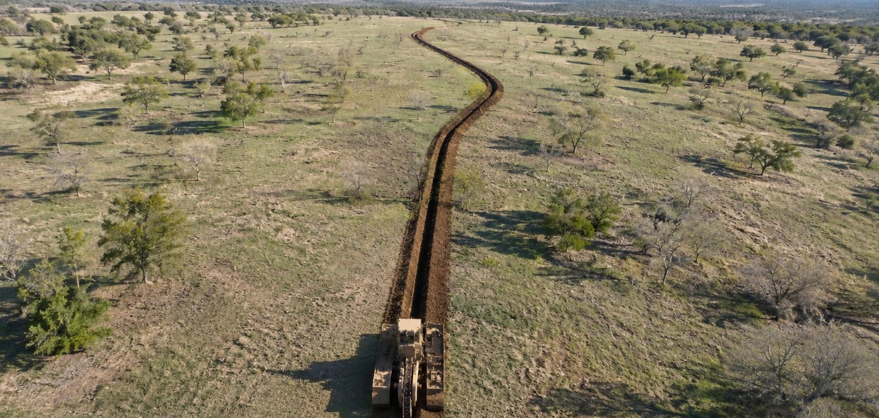 Aerial view of a Tesmec TRS885 chain trencher cutting a continuous trench across open country
