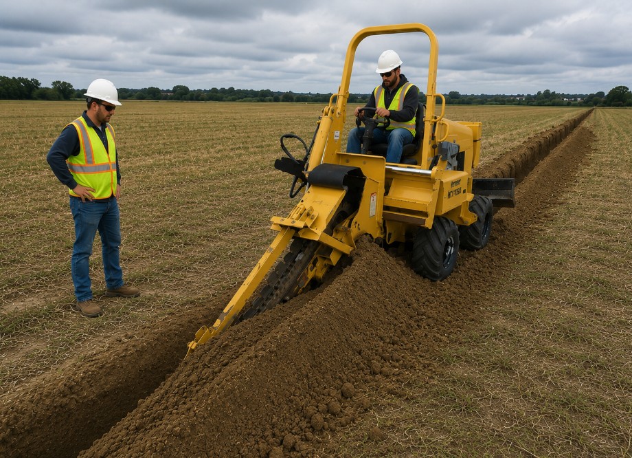 Vermeer trencher cutting a utility trench across open ground with crew in high-visibility workwear